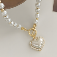 Pearl Heart Pendant Necklace Gold Tone Toggle Clasp Beaded Chain Statement -1397