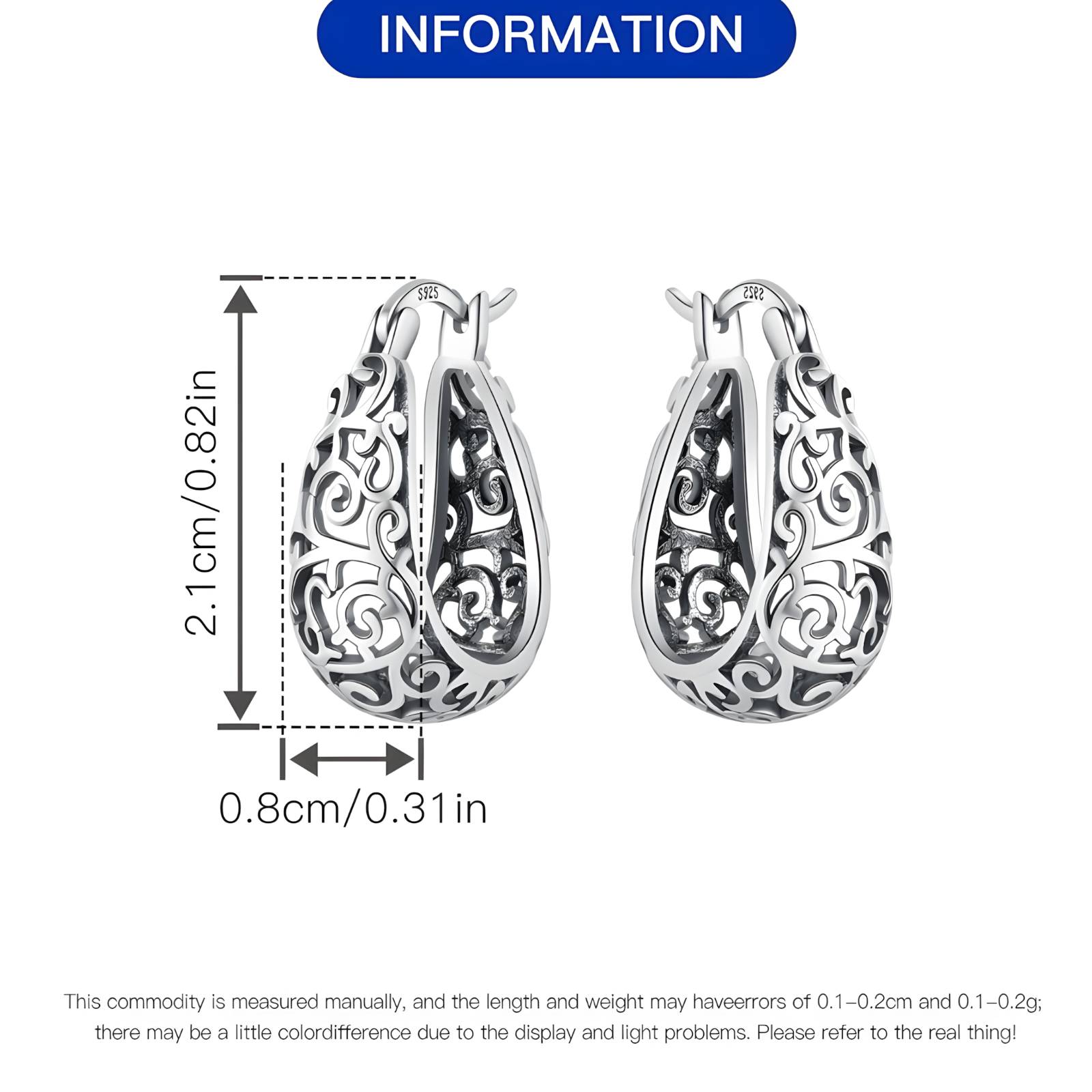 Womens 925 Sterling Silver Vine Pattern Hoop Earrings Hinged Snap Closure B47