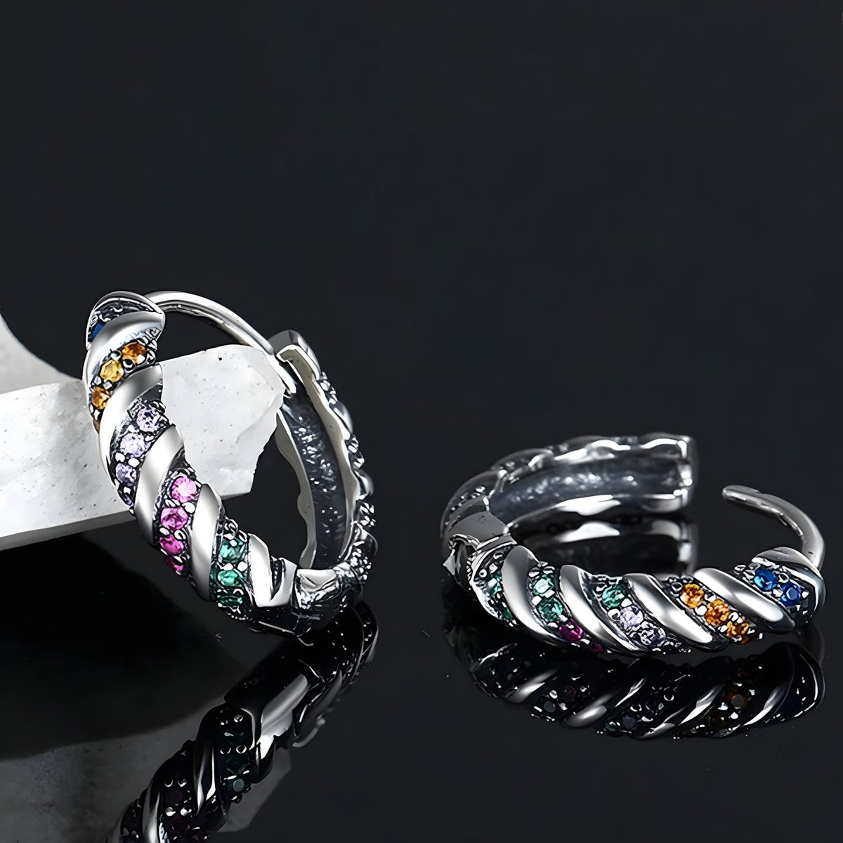 Sterling Silver Hoop Earrings with Multi-Color Cubic Zirconia Huggie Hoops 344