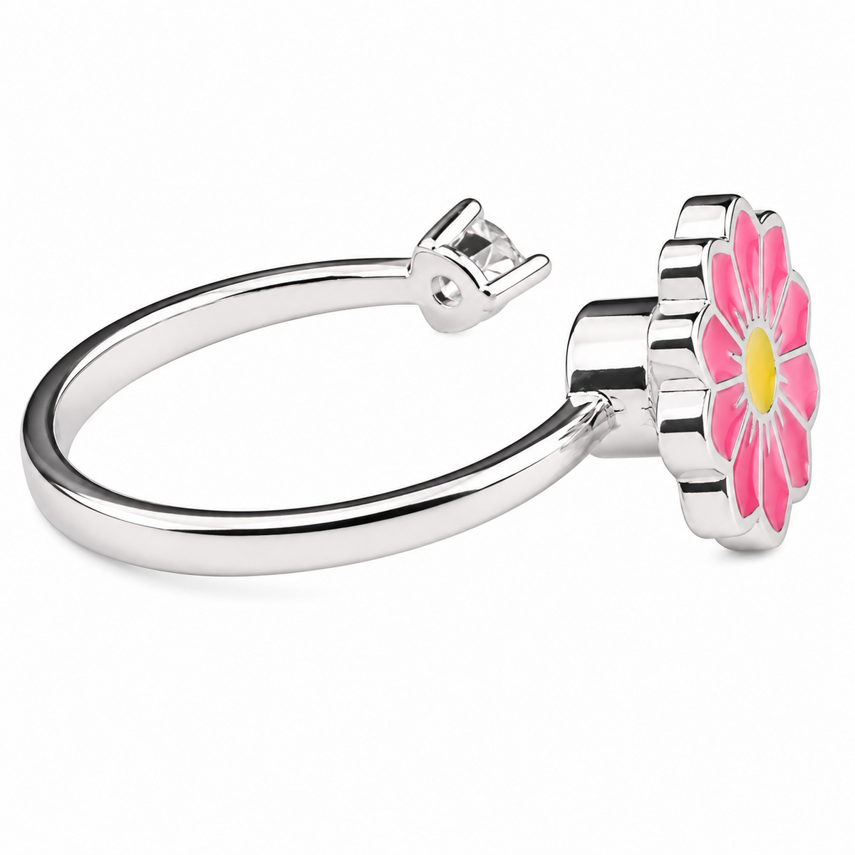 Daisy Flower Adjustable Open Ring Silver Tone Statement Ring Pink Enamel 1598