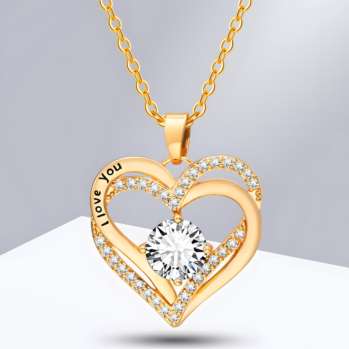 925 Gold Tone "I Love You" Heart Cubic Zirconia Necklace Fashion Jewelry B24