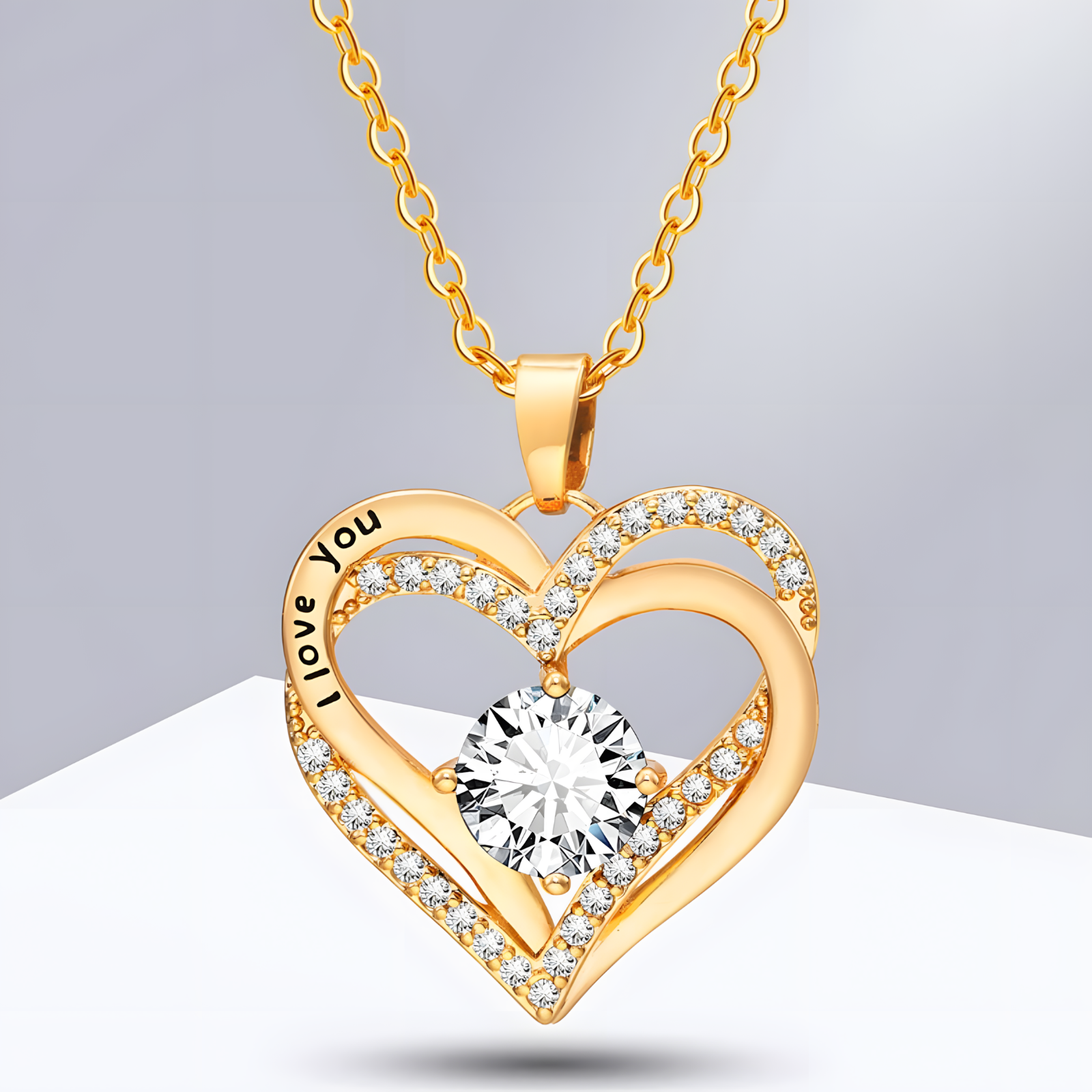925 Gold Tone "I Love You" Heart Cubic Zirconia Necklace Fashion Jewelry B24