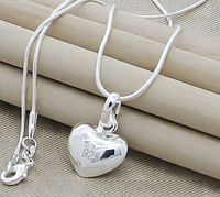 925 Silver-Plated Alloy Heart Pendant Necklace Women Polished Puff Heart 859