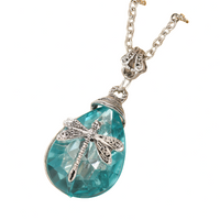 Dragonfly Teardrop Crystal Necklace For Women Silver Tone Aqua Blue Pendant B353