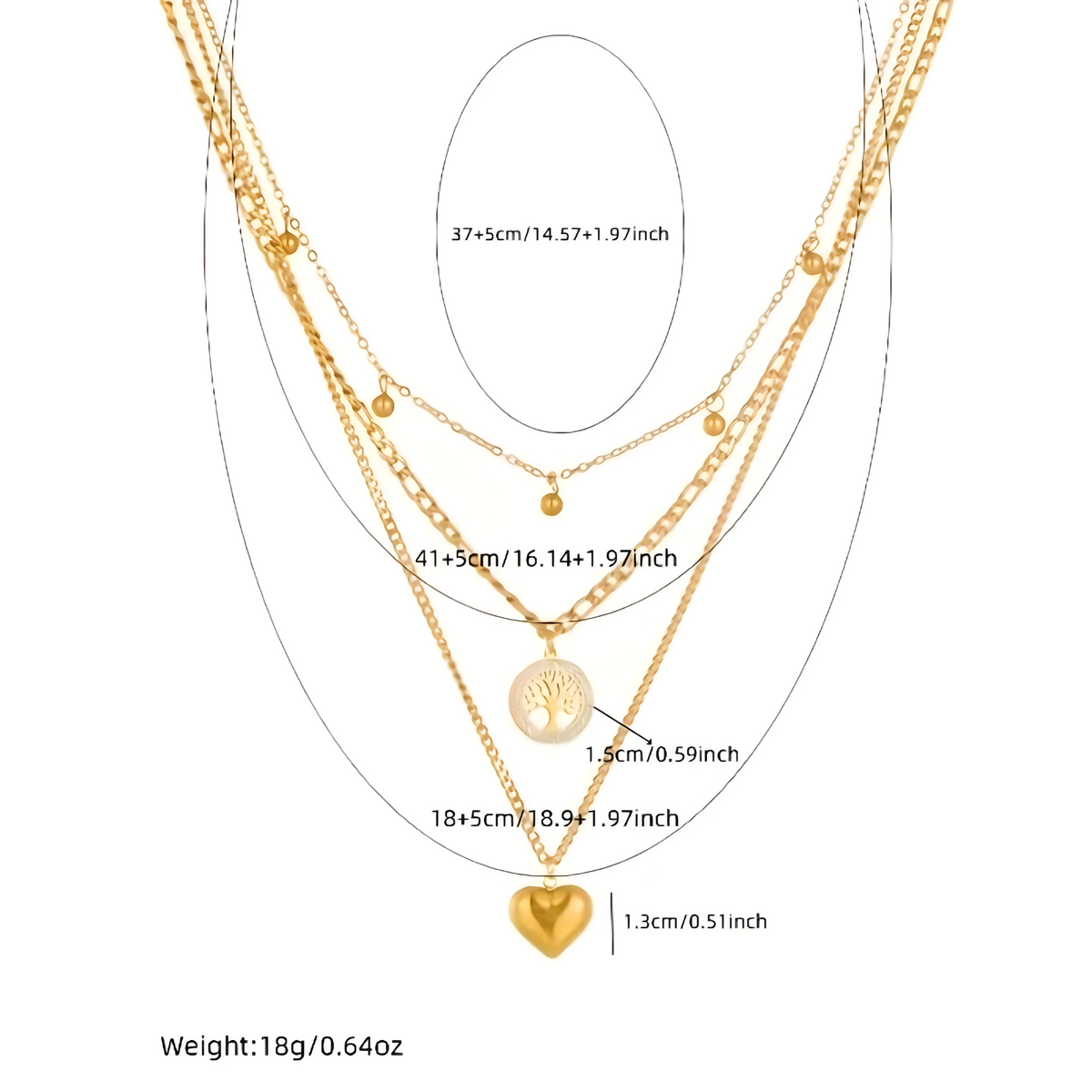 3 PCS Layered Gold Necklace Set Women Heart & Tree of Life Pendant & Earing 704