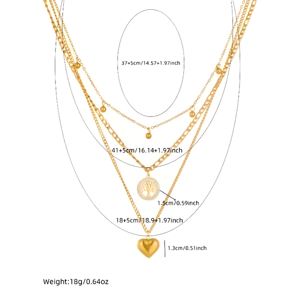 3 PCS Layered Gold Necklace Set Women Heart & Tree of Life Pendant & Earing 704