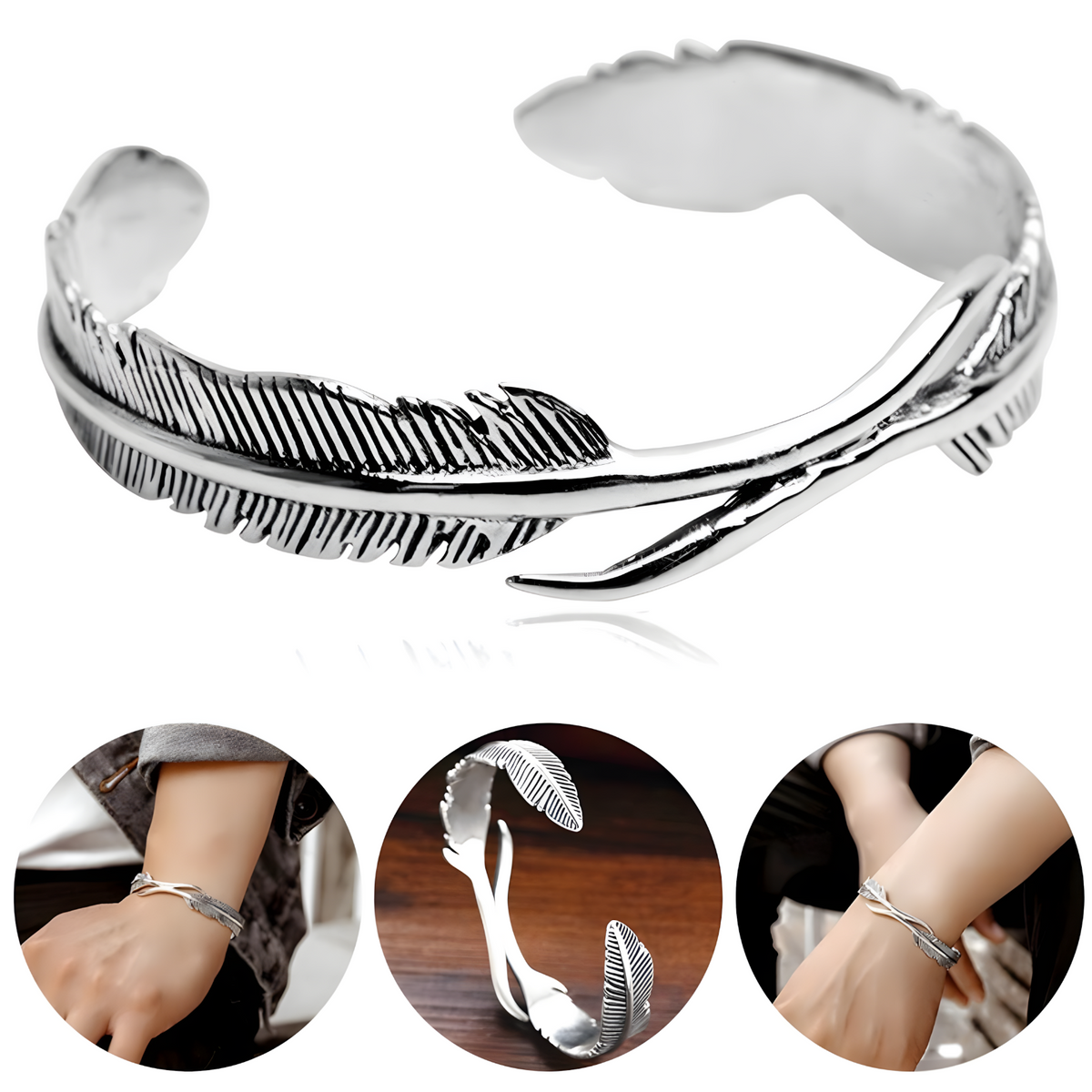 Women Feather Bangle Cuff Bracelet, Retro Silver Color Open Wrist Wrap 606