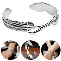 Women Feather Bangle Cuff Bracelet, Retro Silver Color Open Wrist Wrap 606