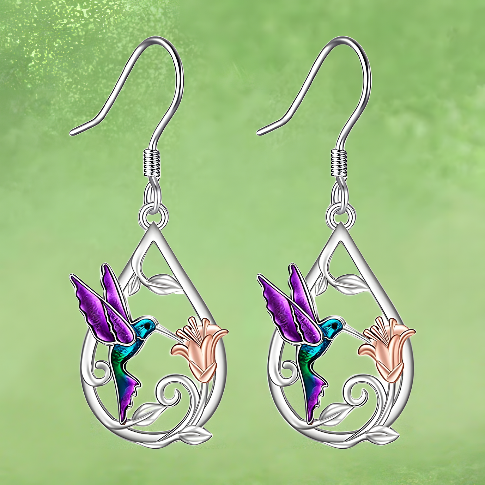 Silver Tone Hummingbird Flower Drop Earrings Vibrant Enamel Dangle Jewellery B10