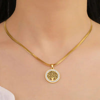 Gold Tree of Life Necklace for Women –Stainless Steel Round Pendant Crystal 1087