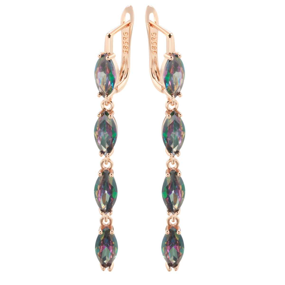 Colorful Natural Zircon Long Drop Earrings Women, Copper Base 585 Rose Gold 1278