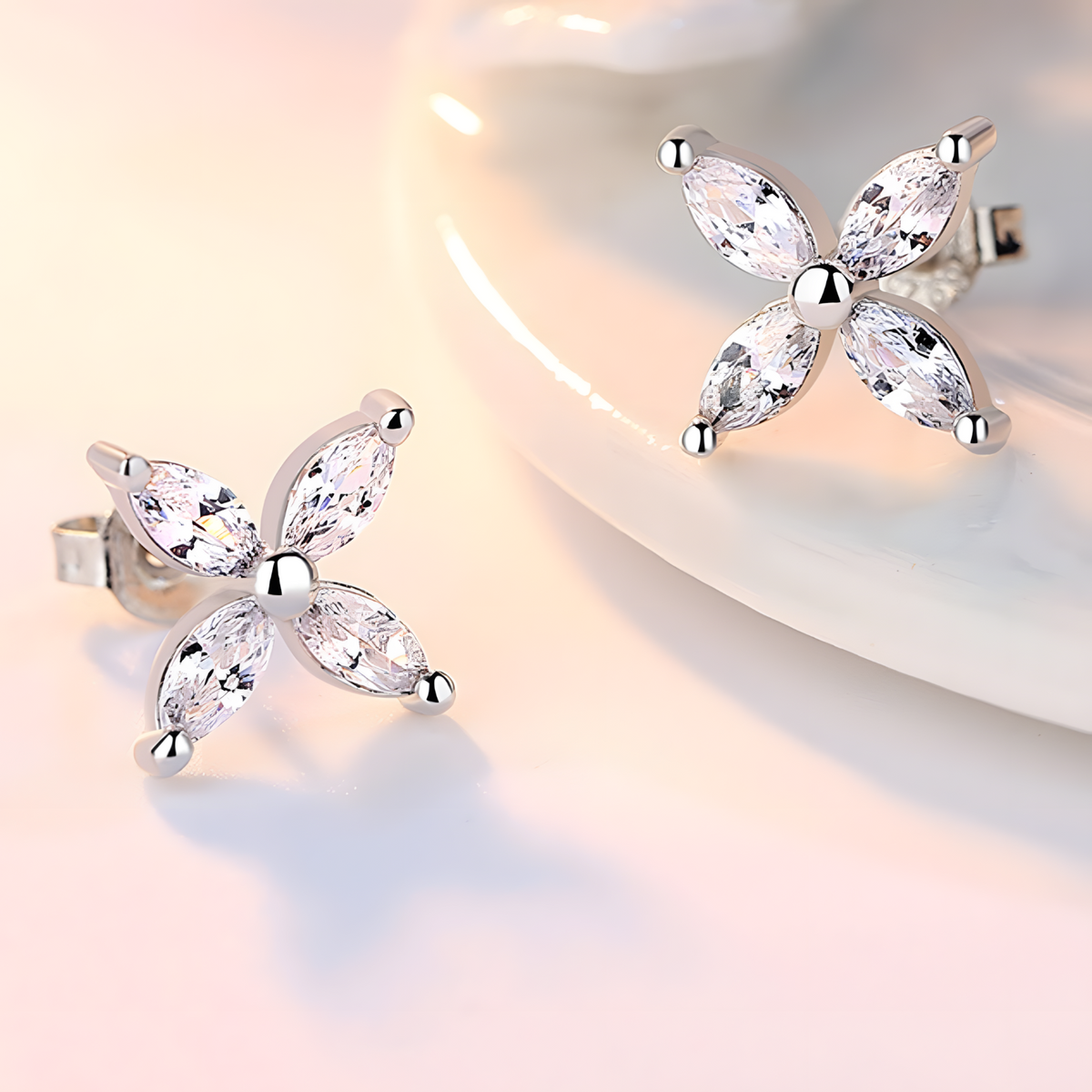 4-Petal Zircon Stud Earrings Women – 925 Silver-Plated Alloy Floral Design 1002