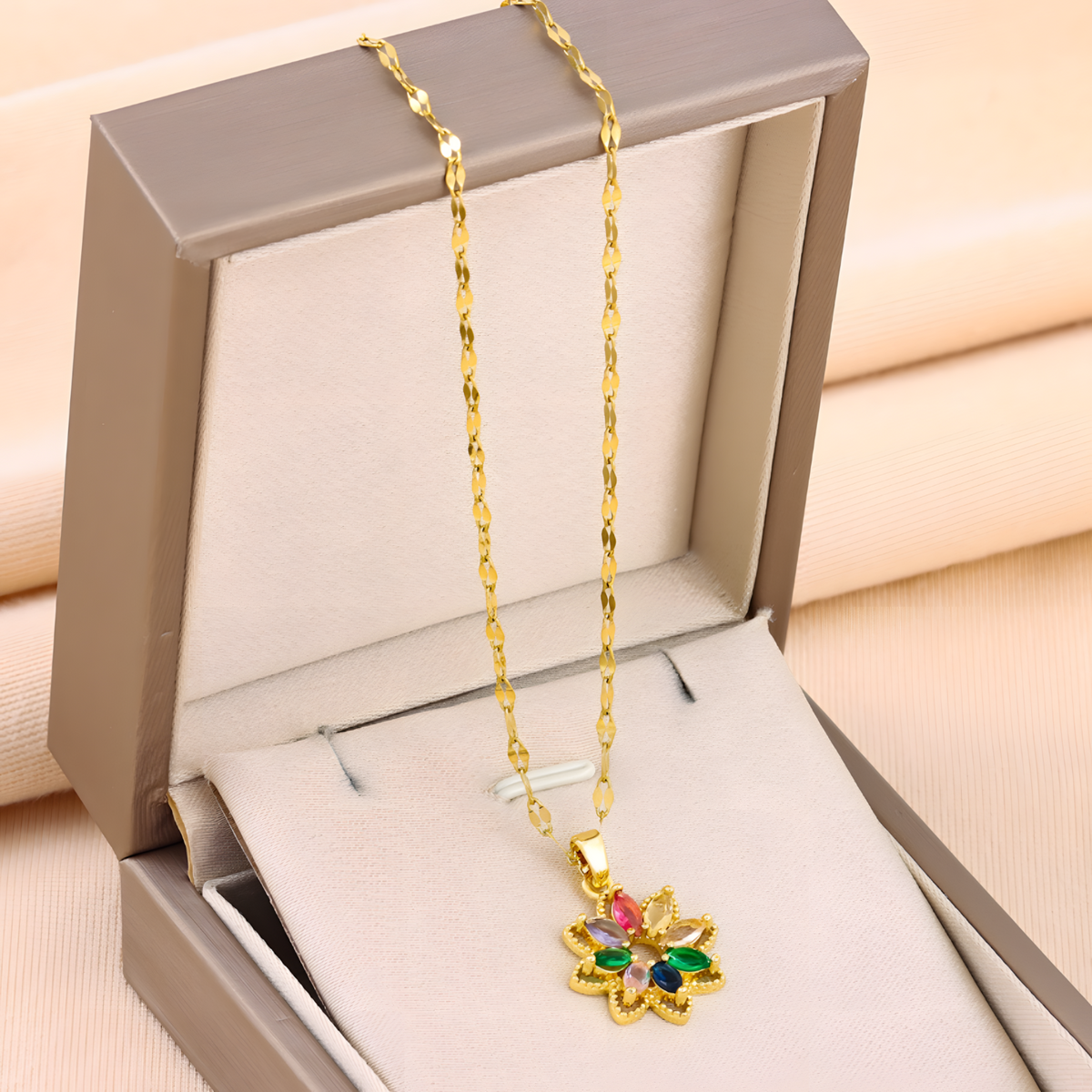Luxury Gold Tone Flower Necklace With Multi Colour Marquise Cubic Zirconia 1439