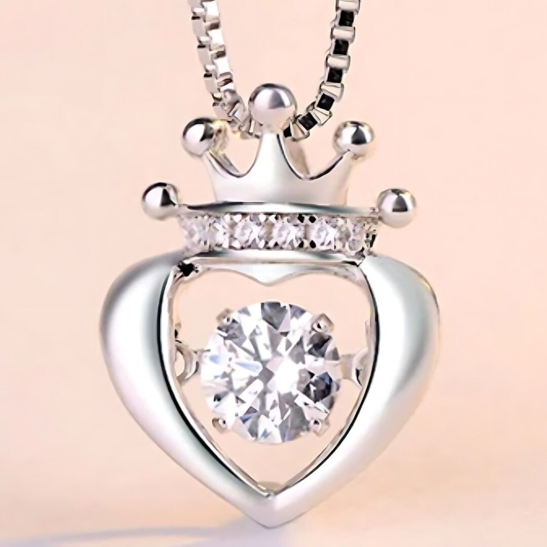 925 Sterling Silver Crown Heart Dancing Zircon Necklace – Elegant Box Chain 252