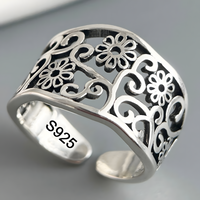 925 Sterling Silver Floral Adjustable Ring, Wide Openwork Flower Statement 1883
