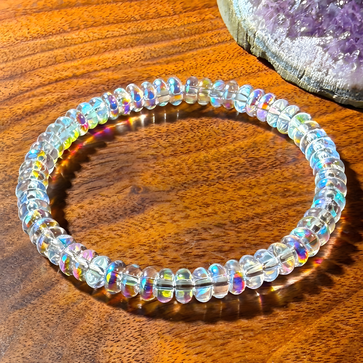Iridescent Opal Bead Stretch Bracelet, Rainbow Flash Crystal Look, Trendy 1726