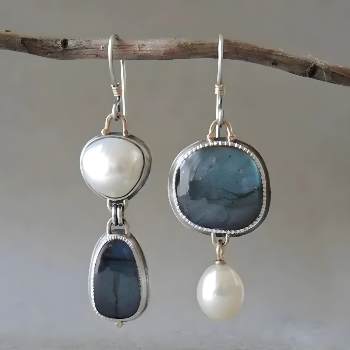 Women's Blue Dangle Earrings with Irregular Labradorite Cultured Freshwater B111