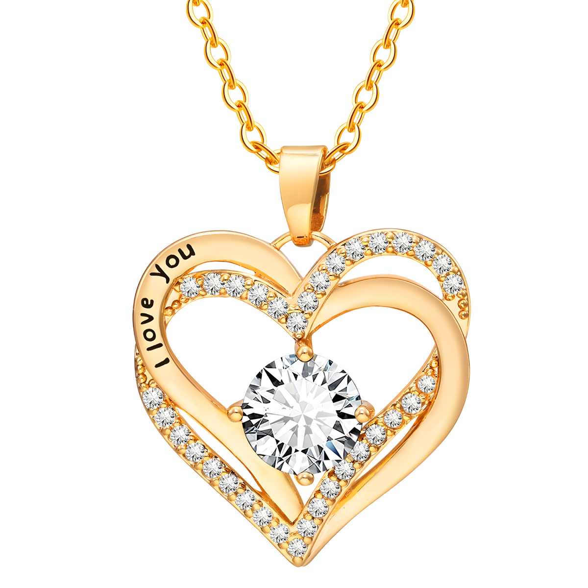 925 Gold Tone "I Love You" Heart Cubic Zirconia Necklace Fashion Jewelry B24