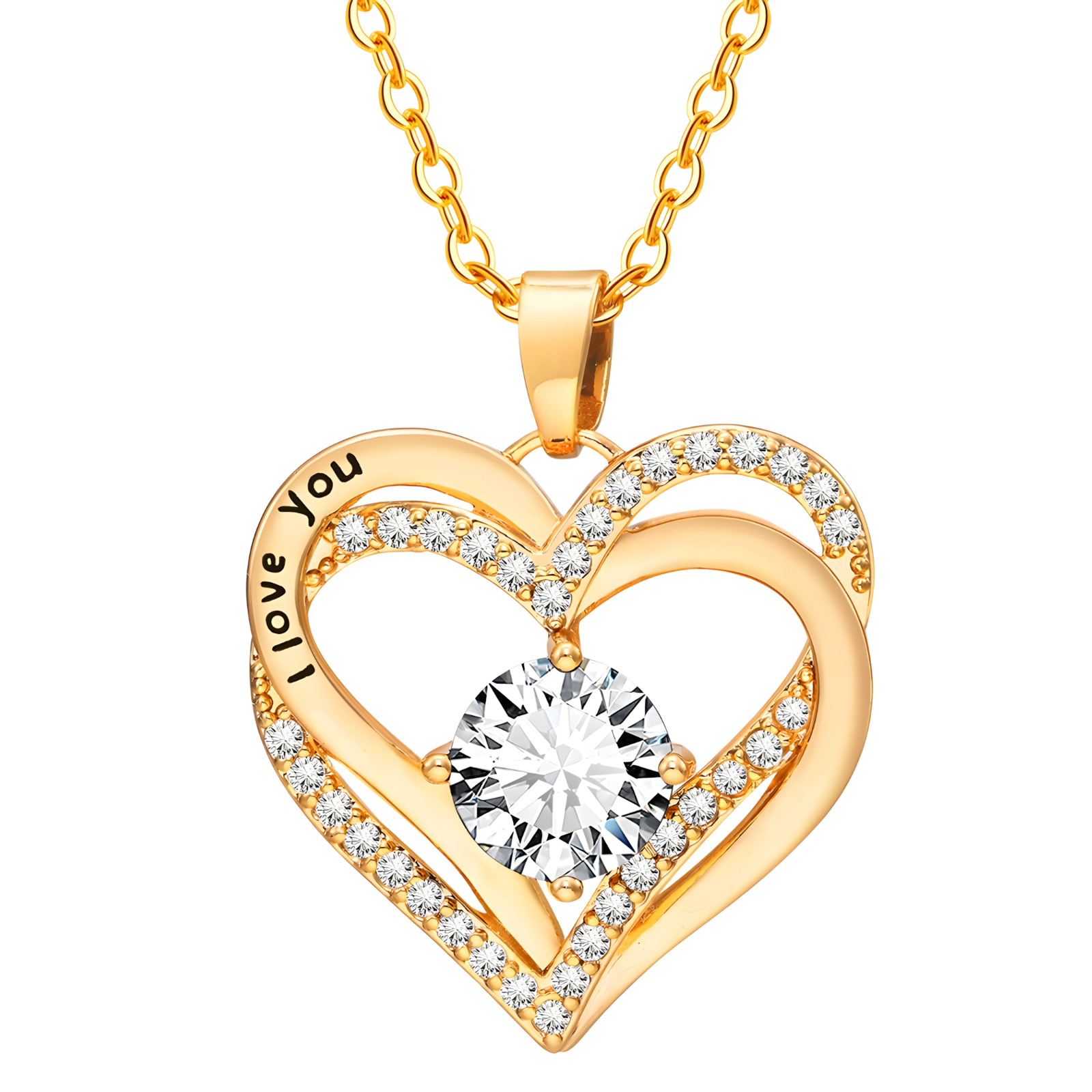 925 Gold Tone "I Love You" Heart Cubic Zirconia Necklace Fashion Jewelry B24