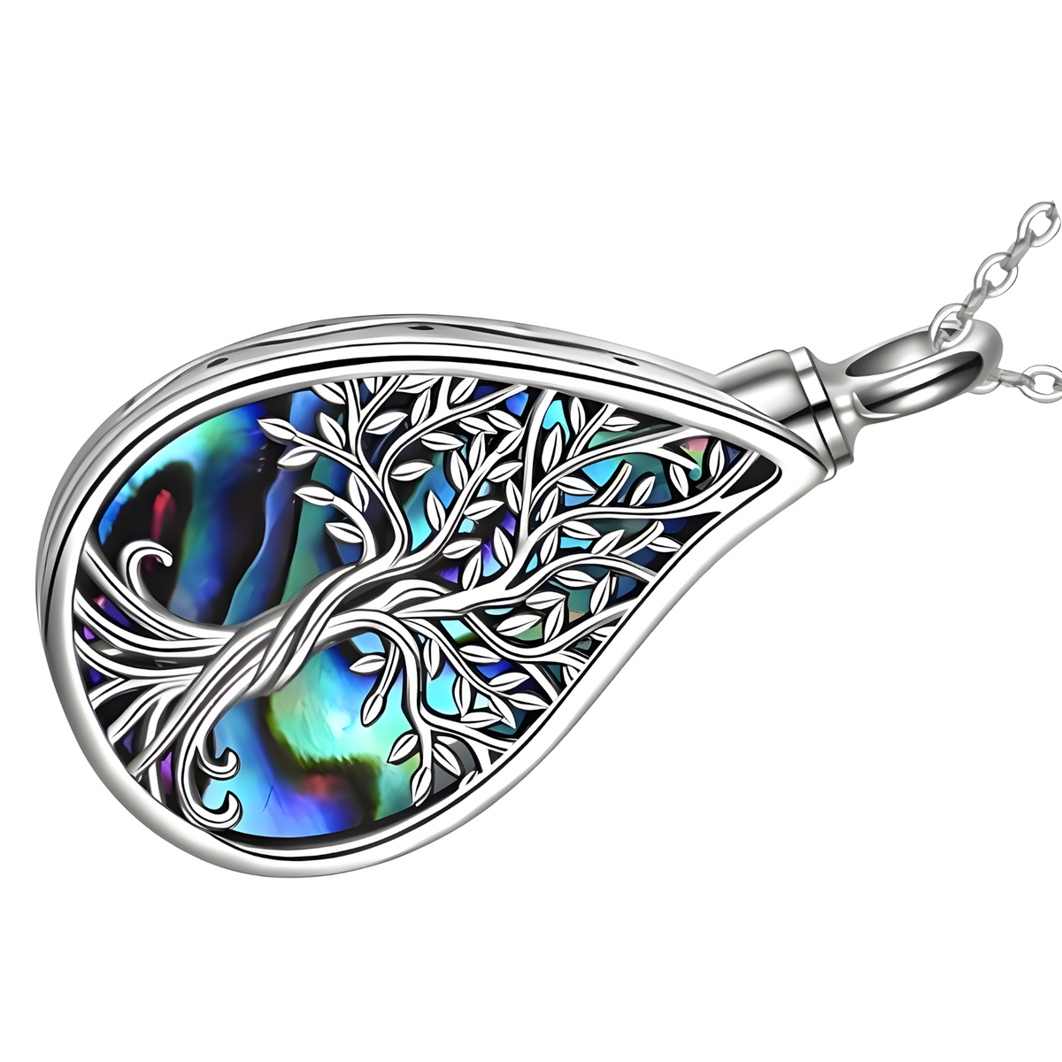 Tree Of Life Locket Pendant Necklace Silver Tone Abalone Shell Gift B101
