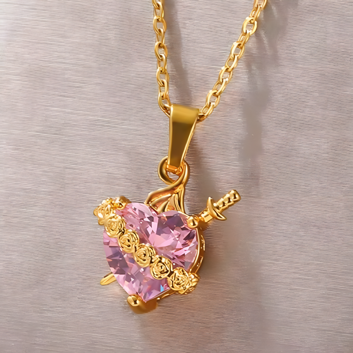 Women's Gold Plated Heart Necklace, Pink Zircon Pendant Cupid Arrow B173