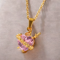 Women's Gold Plated Heart Necklace, Pink Zircon Pendant Cupid Arrow B173