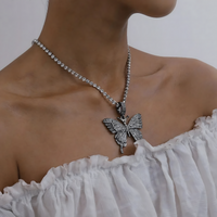 Womens Shiny Butterfly Pendant Necklace Hip Hop Iced Out Silver Tennis Chain 701