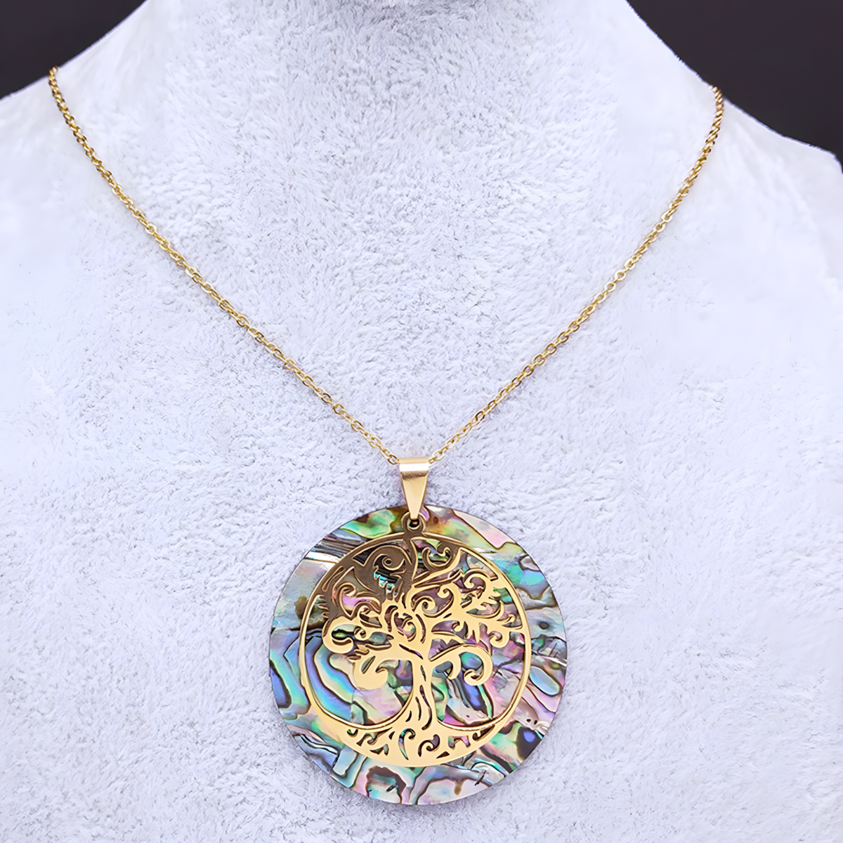 Unified Jewellery Abalone Tree of Life Gold Tone Necklace Natural Iridescent B65