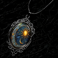 Vintage Sun And Moon Pendant Necklace For Men Women - Black Ornate Frame 1455