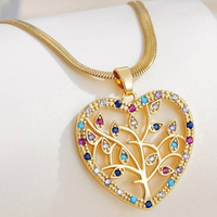 Gold Heart Pendant Necklace with Tree of Life Design, Embellished Crystals 144