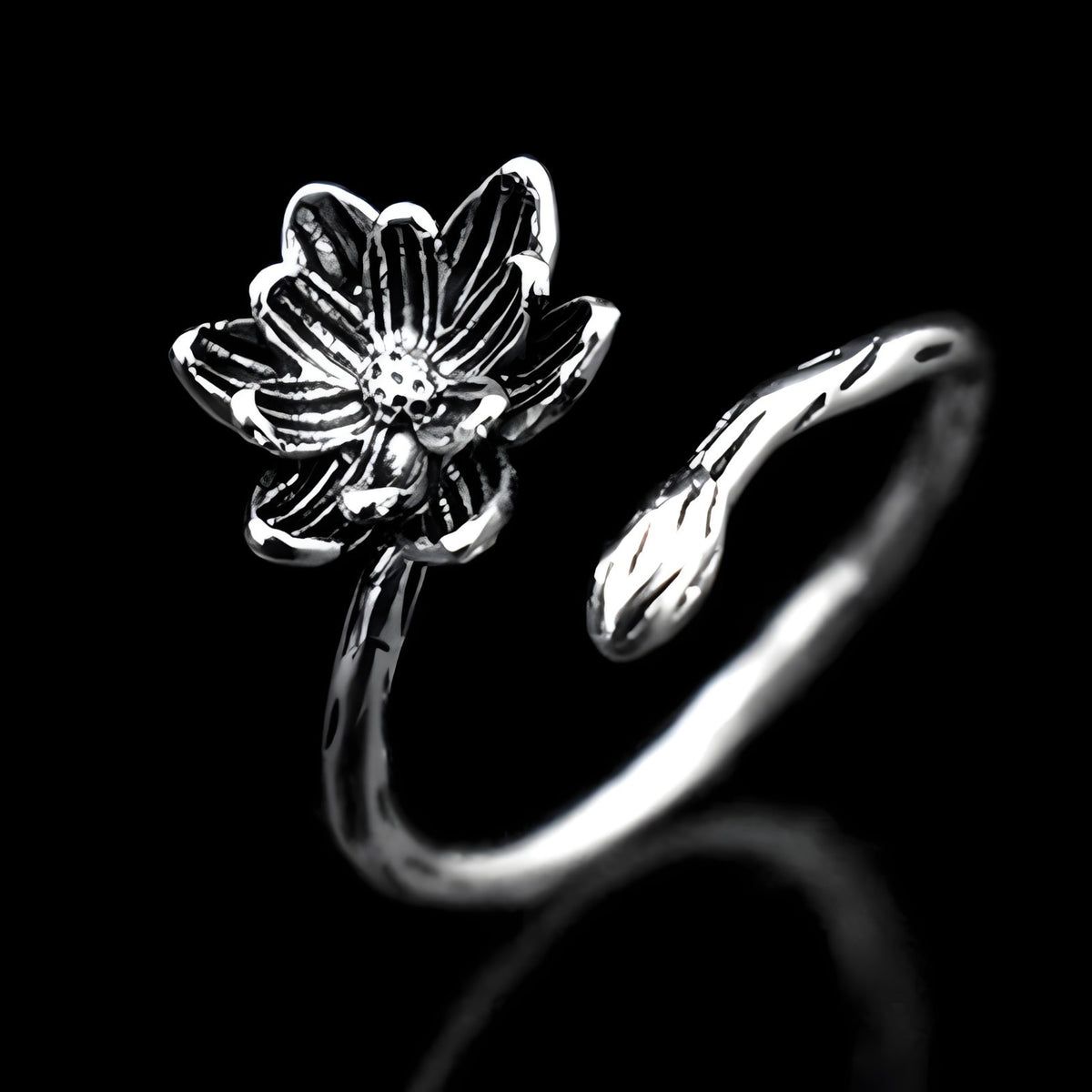 925 Sterling Silver Lotus Flower Ring (Adjustable) - Bohemian Vintage Floral 387