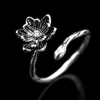 925 Sterling Silver Lotus Flower Ring (Adjustable) - Bohemian Vintage Floral 387