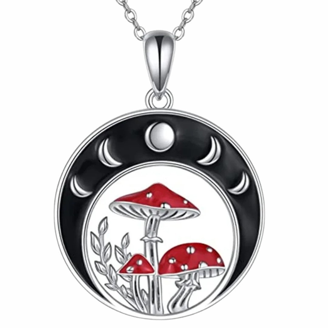 Moon Phase Mushroom Pendant Necklace Silver Plated Gothic Nature Charm B137