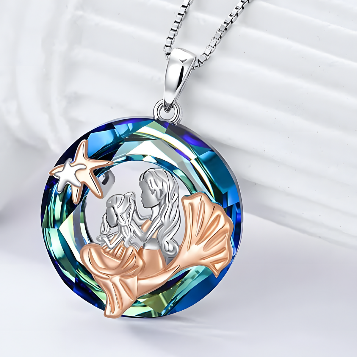 Mermaid Round Crystal Pendant Necklace - Classic & Fashionable Ladies Ocean B69