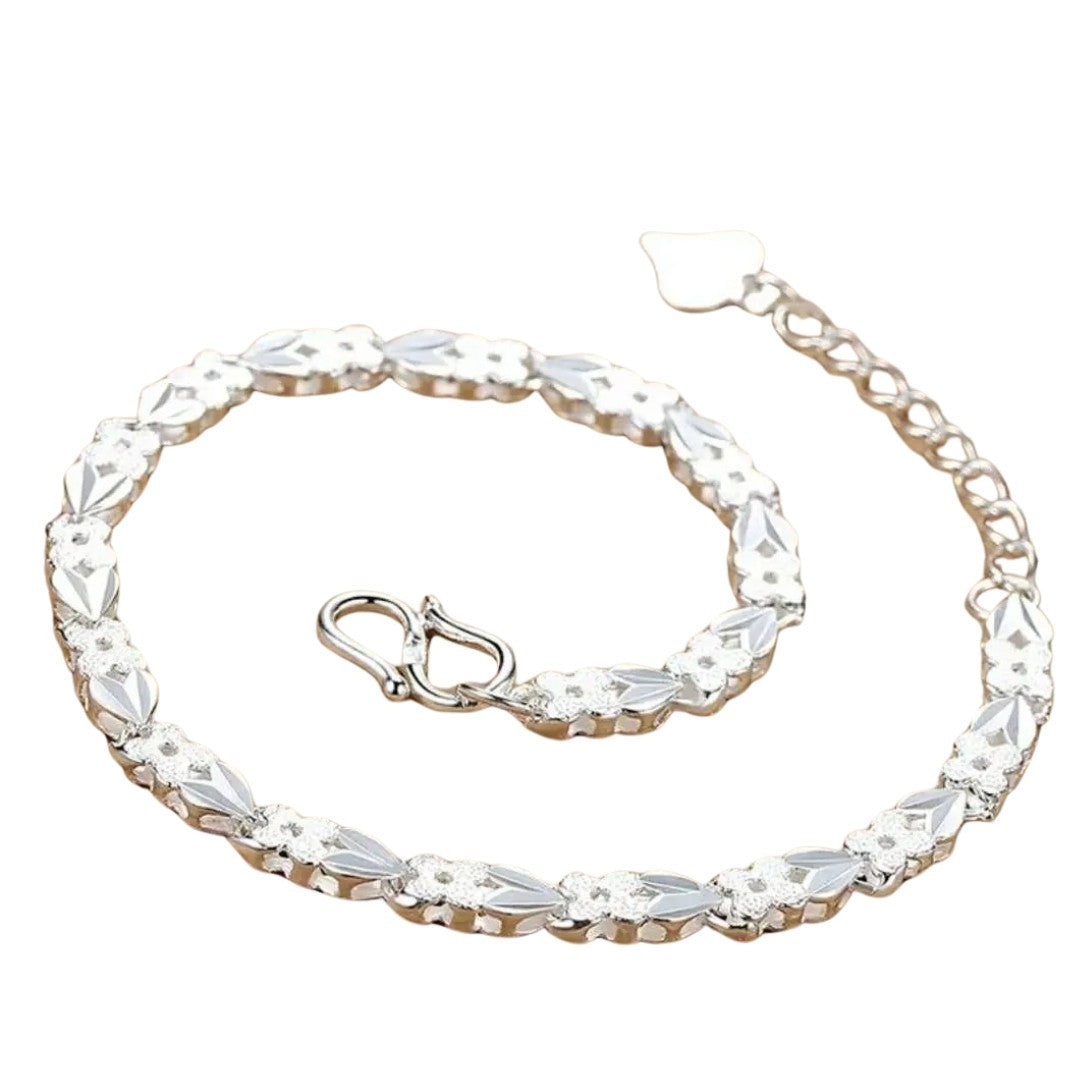 925 Sterling Silver Floral Link Bracelet for Women with Heart Charm, Elegant 414