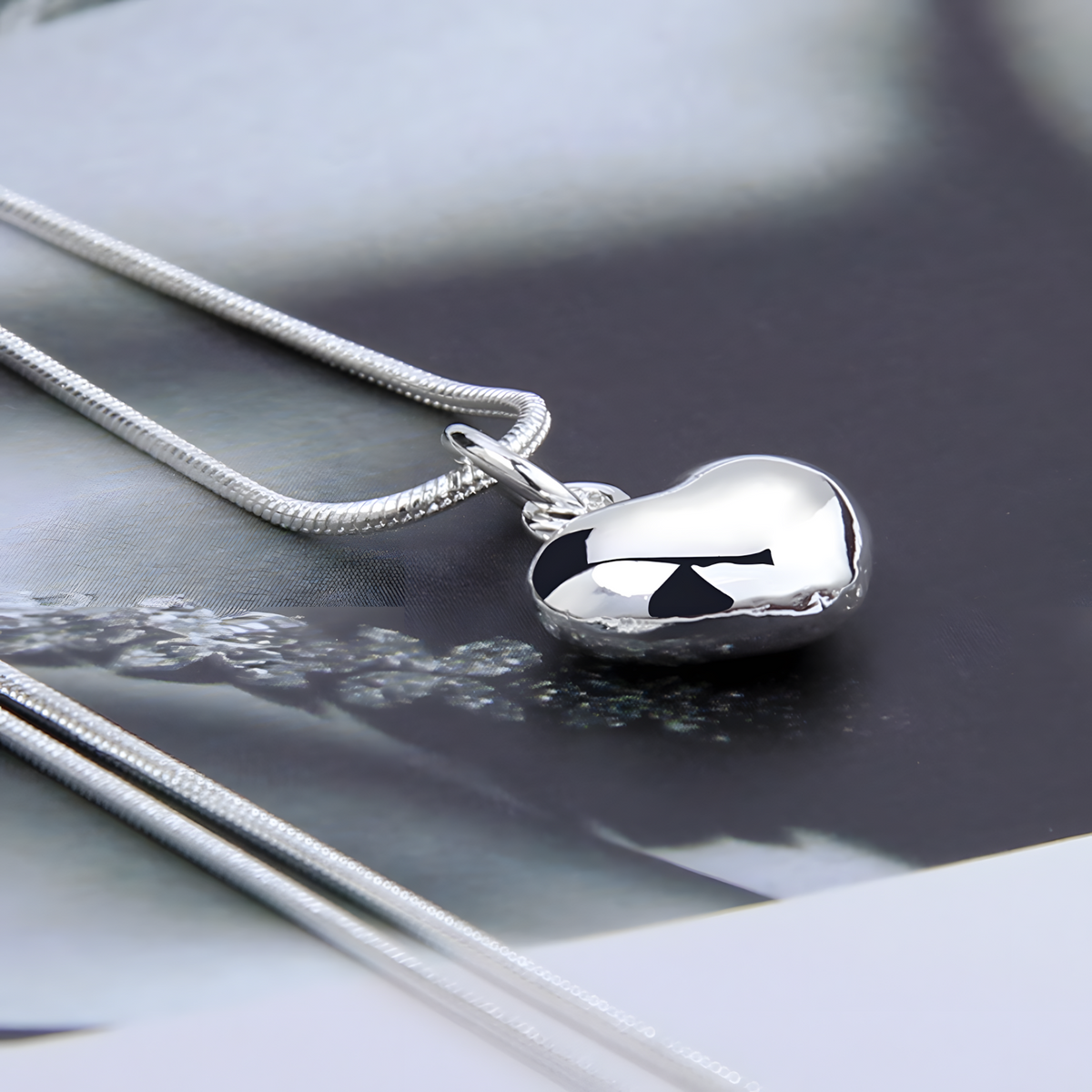 925 Silver-Plated Alloy Heart Pendant Necklace Women Polished Puff Heart 859