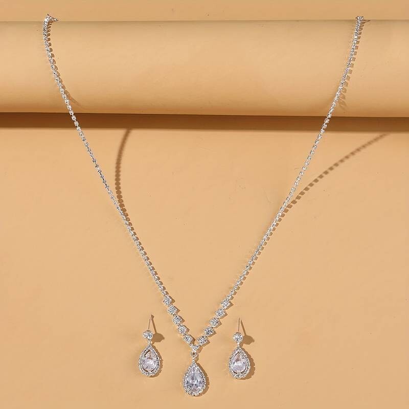 Women Silver Plated Zircon Pendant Necklace&Earring Fine Jewelry Set Wedding 59