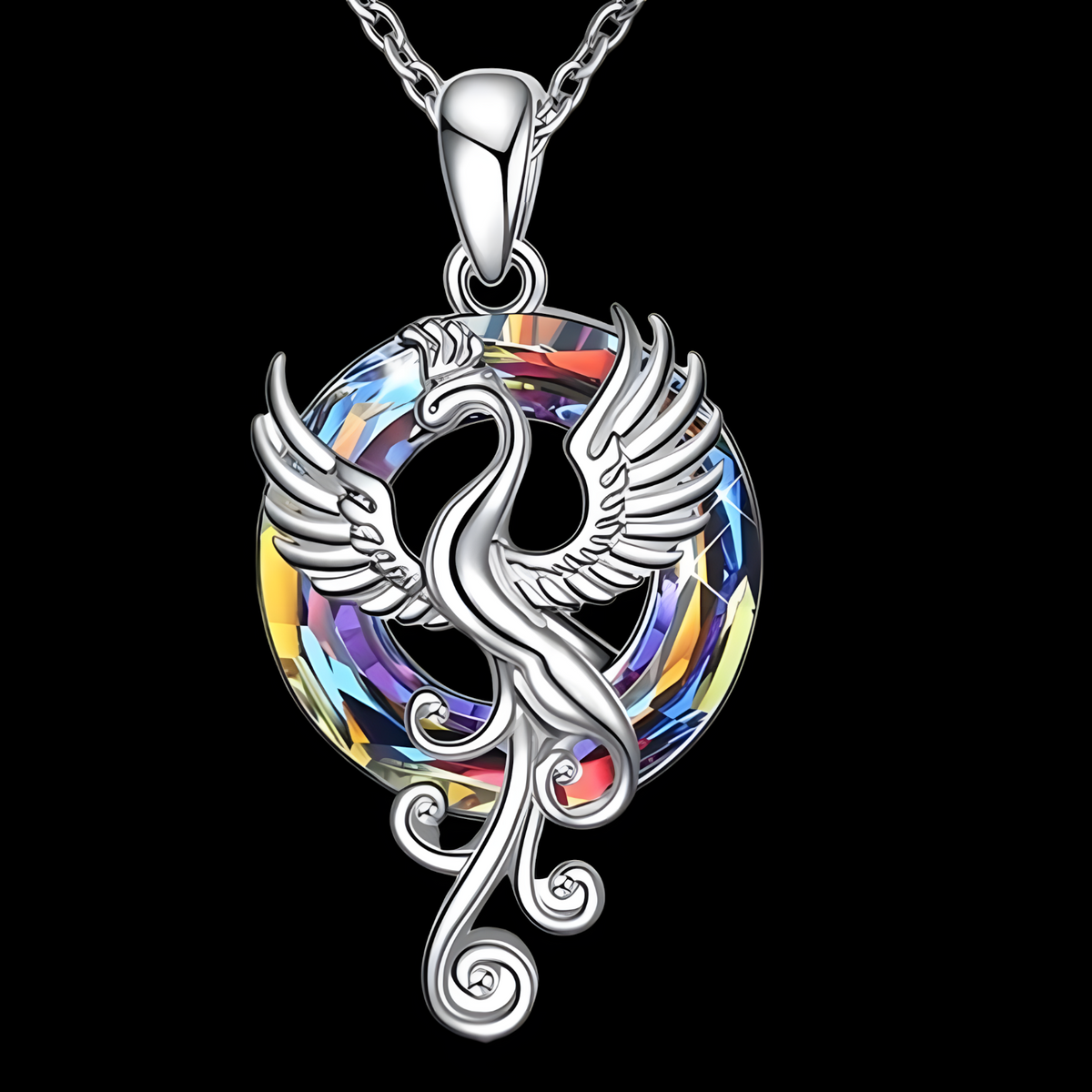 Stainless Steel Phoenix Pendant Necklace Women, Multicolor Crystal Circle 1256