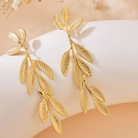 Golden Stainless Steel Leaf Earrings - Simple Nature Inspired Drop Jewelry B40