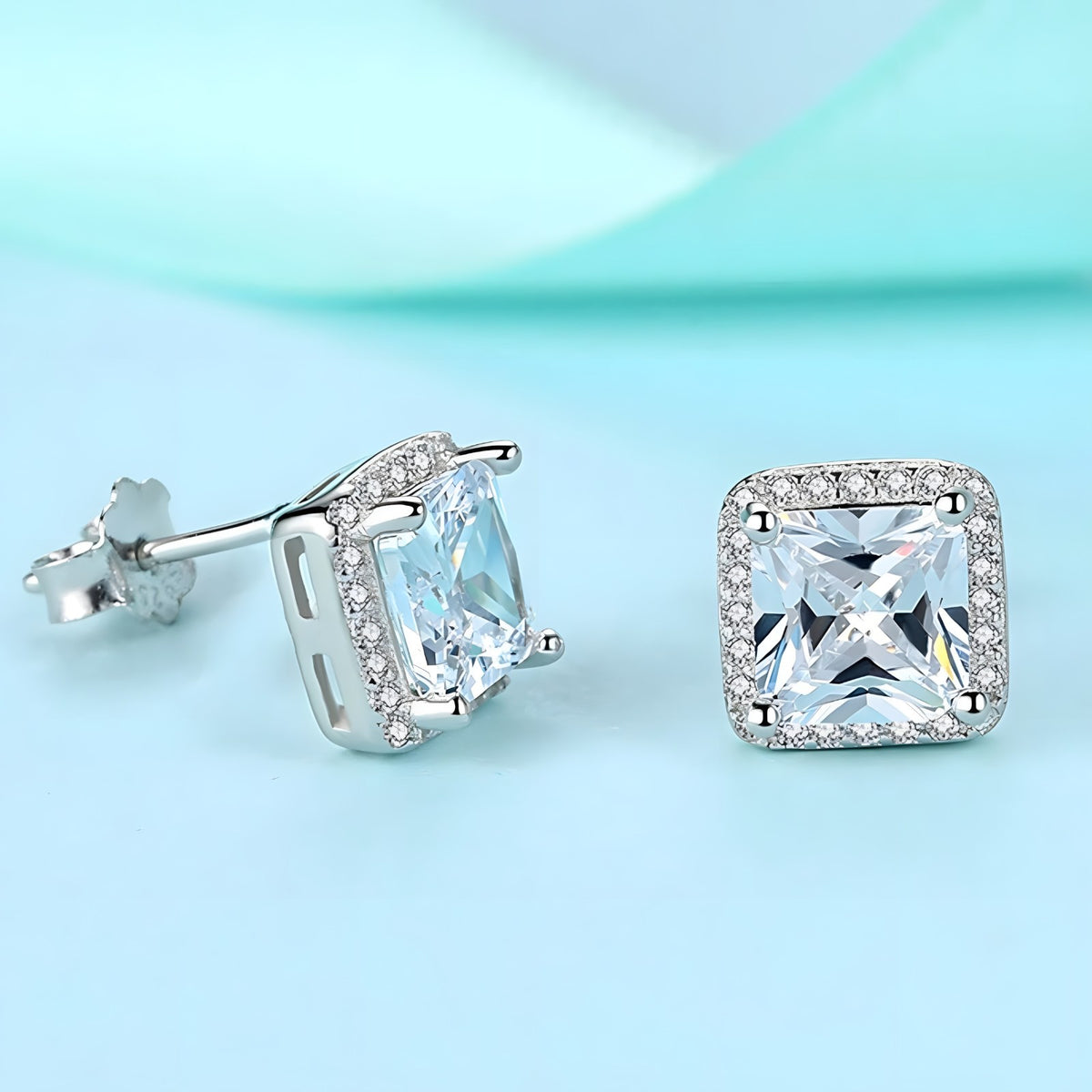 Sterling Silver Princess Cut Cubic Zirconia Stud Earrings Halo Setting 338