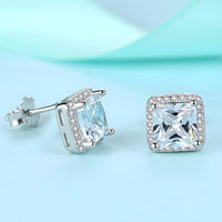 Sterling Silver Princess Cut Cubic Zirconia Stud Earrings Halo Setting 338