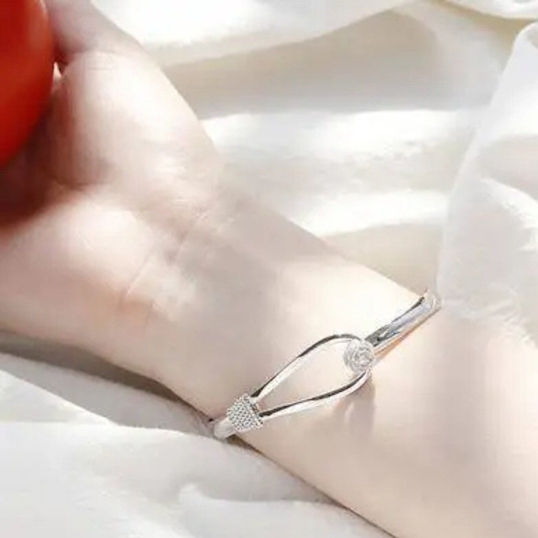 Women's Silver Bangle Bracelet with Rose Flower & Twist Knot Detail 418