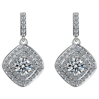 925 Sterling Silver Cubic Zirconia Drop Earrings, Double Halo Square Design 306