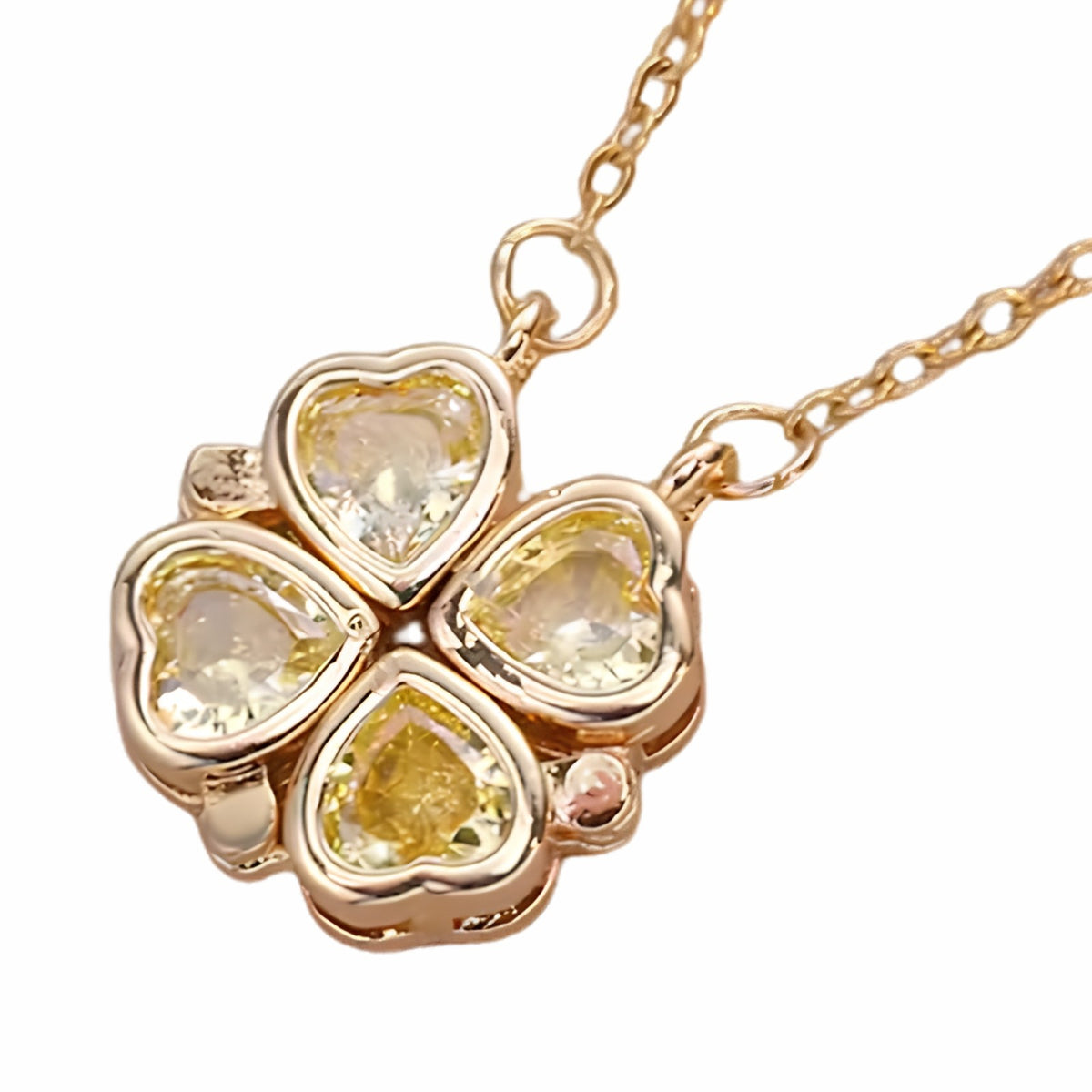 Women's Yellow Heart Four Leaf Clover Pendant Necklace, Openable Crystal 1688