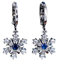 Women's Dangle Hoop Earrings, Blue Zircon Snowflake Drop, Silver Color 665