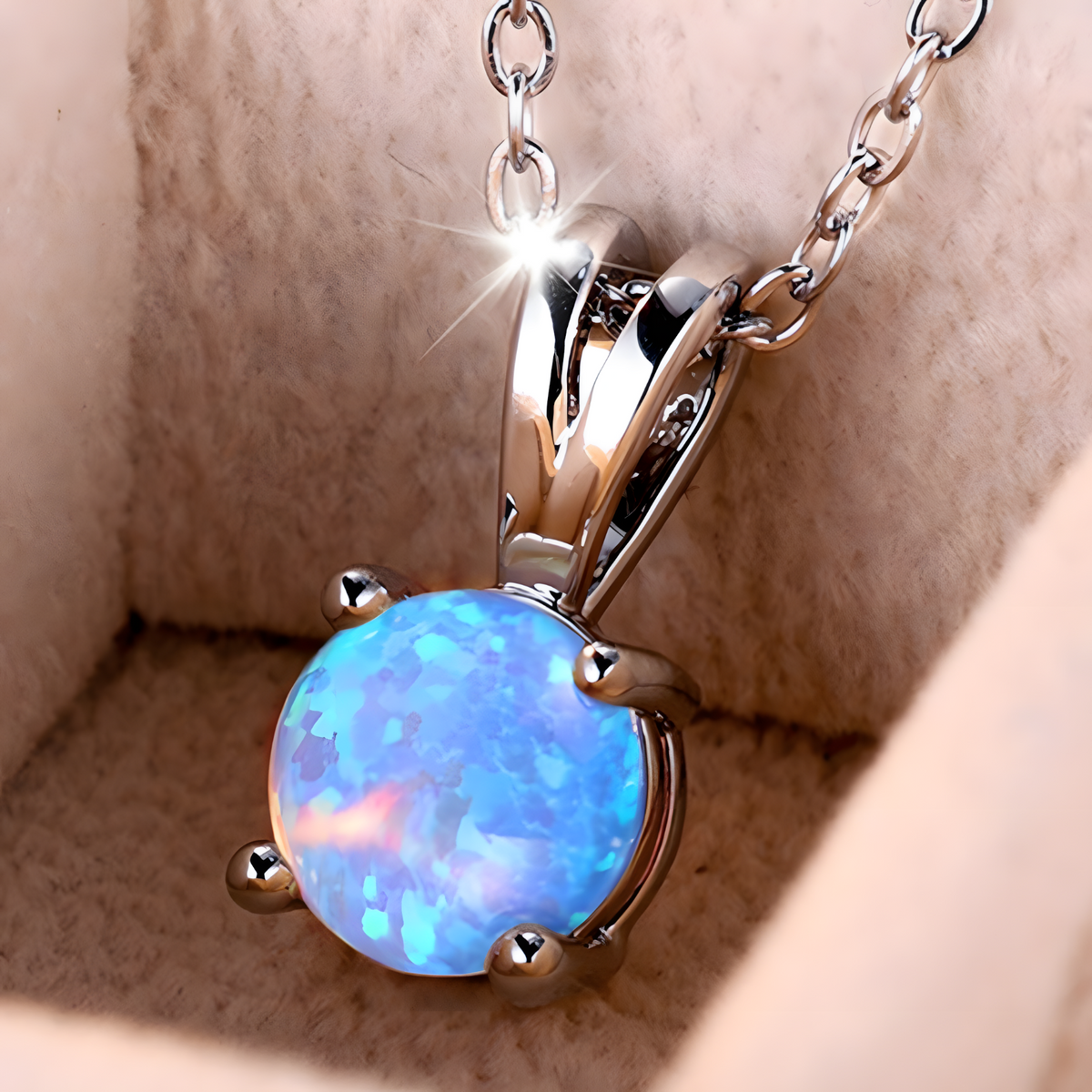 Blue Fire Opal Stone Pendant Necklace for Women | Cute Small Round Vintage B177