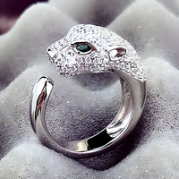 Leopard Head Open Adjustable Ring For Women Silver Colour Green Eye Animal 1755