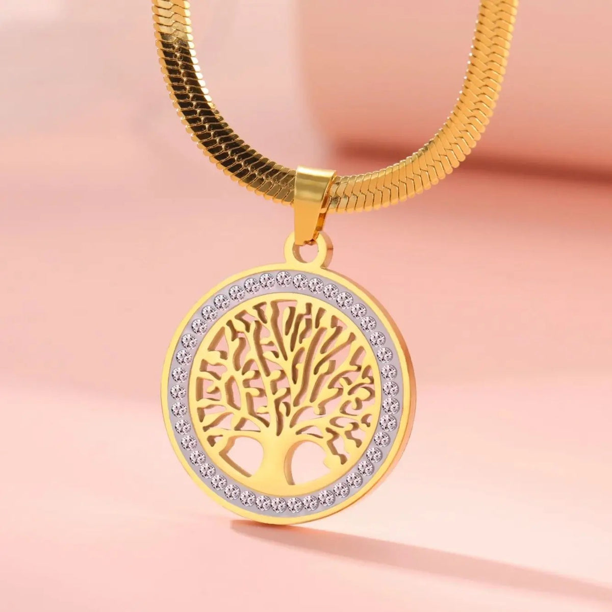 Gold Tree of Life Necklace for Women –Stainless Steel Round Pendant Crystal 1087