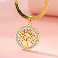 Gold Tree of Life Necklace for Women –Stainless Steel Round Pendant Crystal 1087