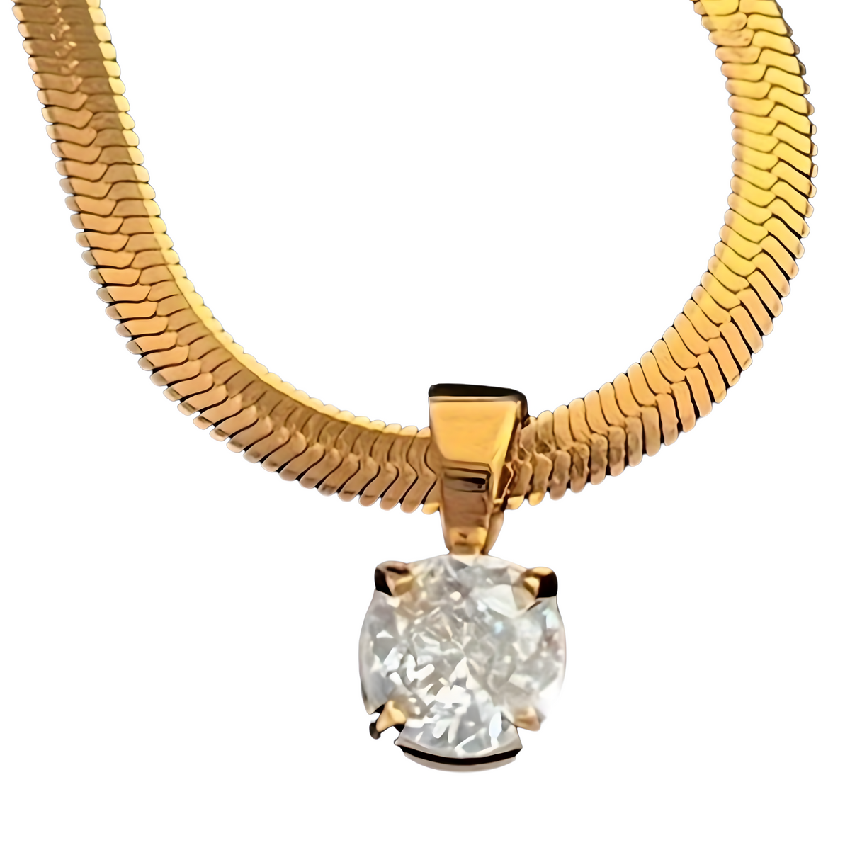 Gold Stainless Steel Round Zircon Pendant Necklace Elegant Blade ChainChoker 734